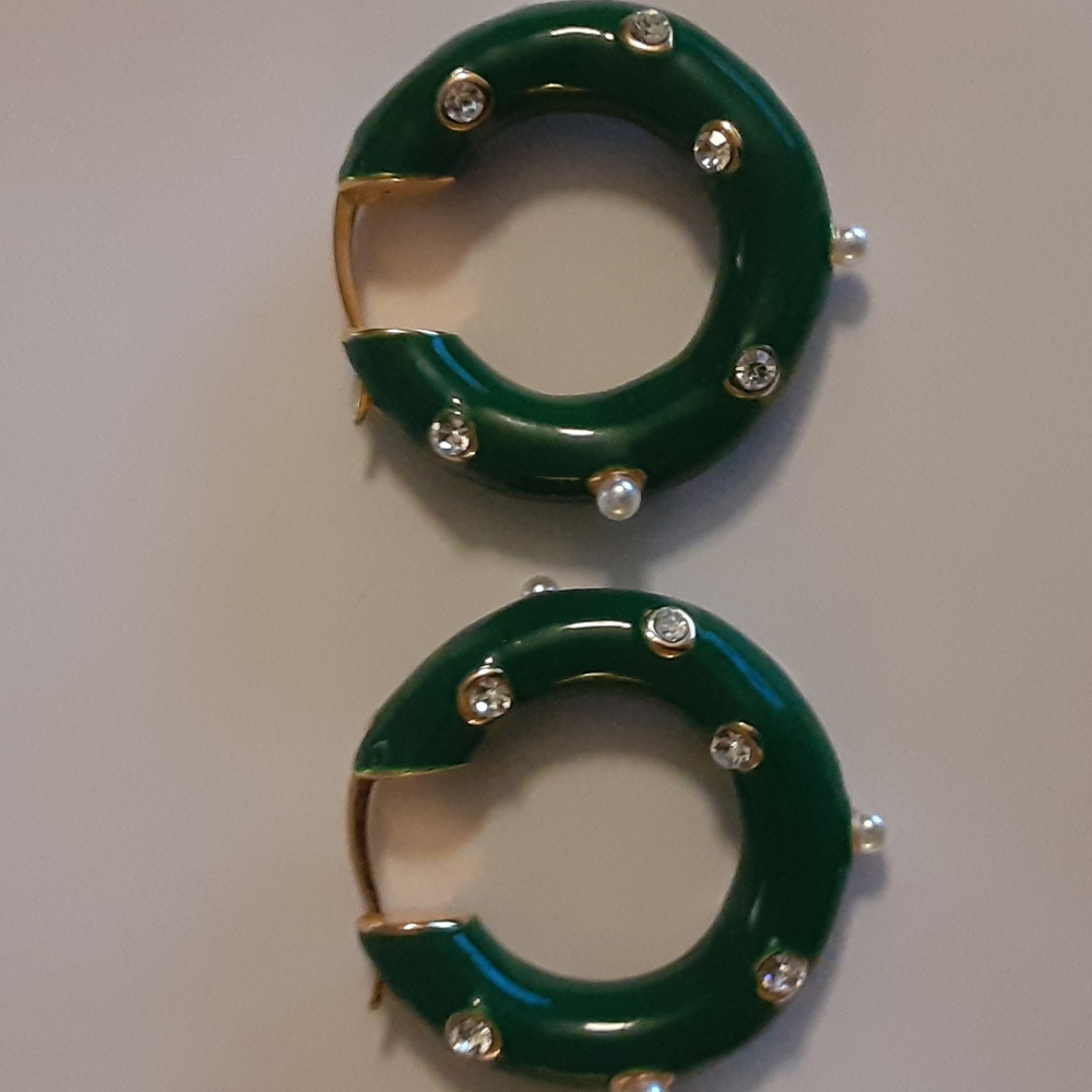 Green Ceramic Pearl Crystal Hoops